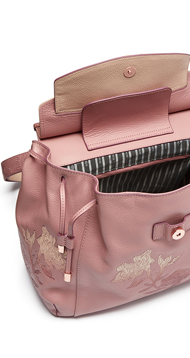 pink floral embroidered bag open