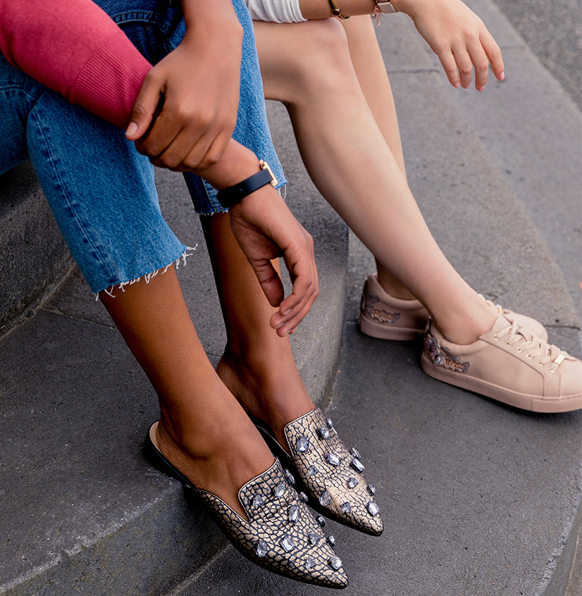 jewelled cobblestone flats and pink embroidered sneakers